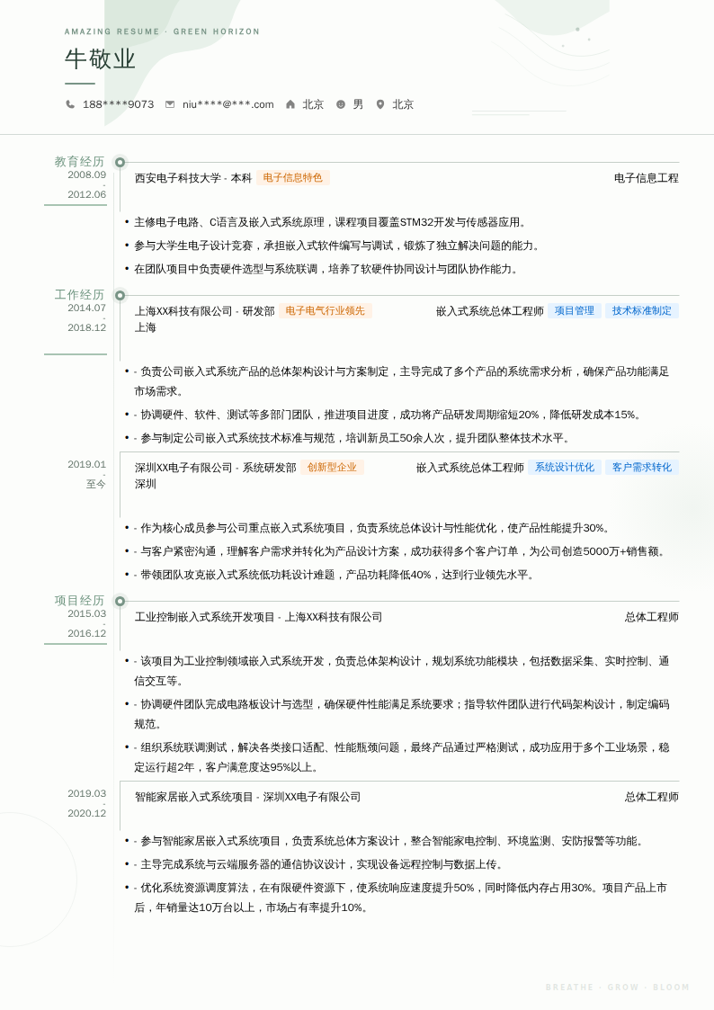 嵌入式系统总体工程师简历模板