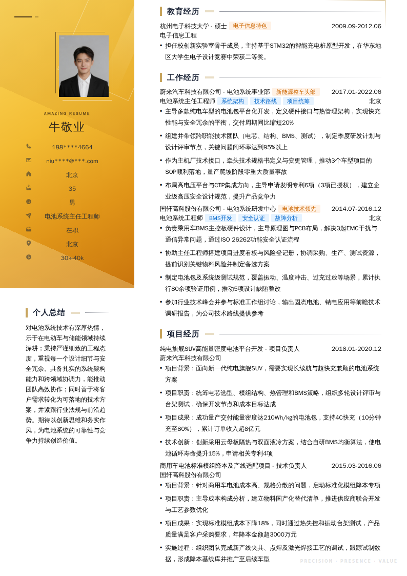 电池系统主任工程师简历模板