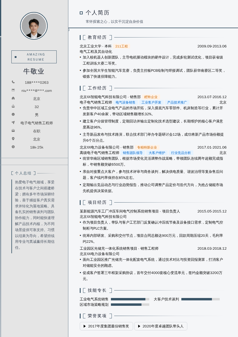电子电气销售工程师简历模板