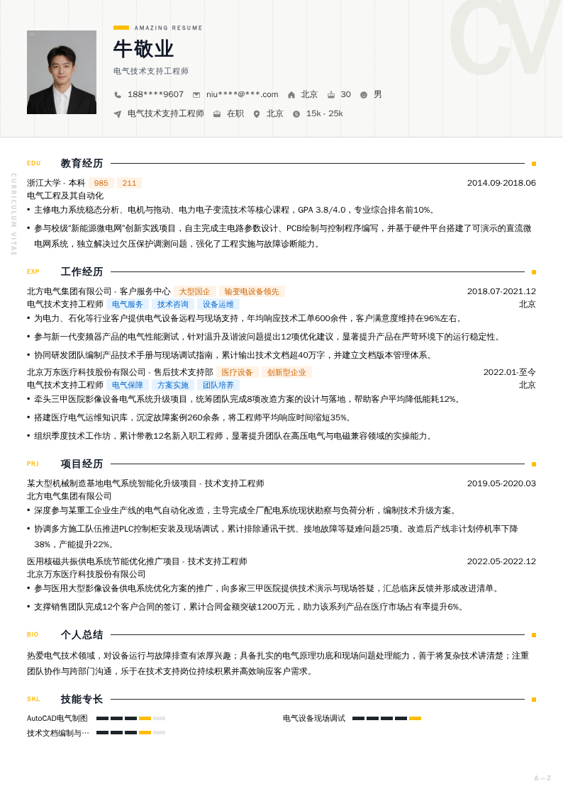 电气技术支持工程师简历模板