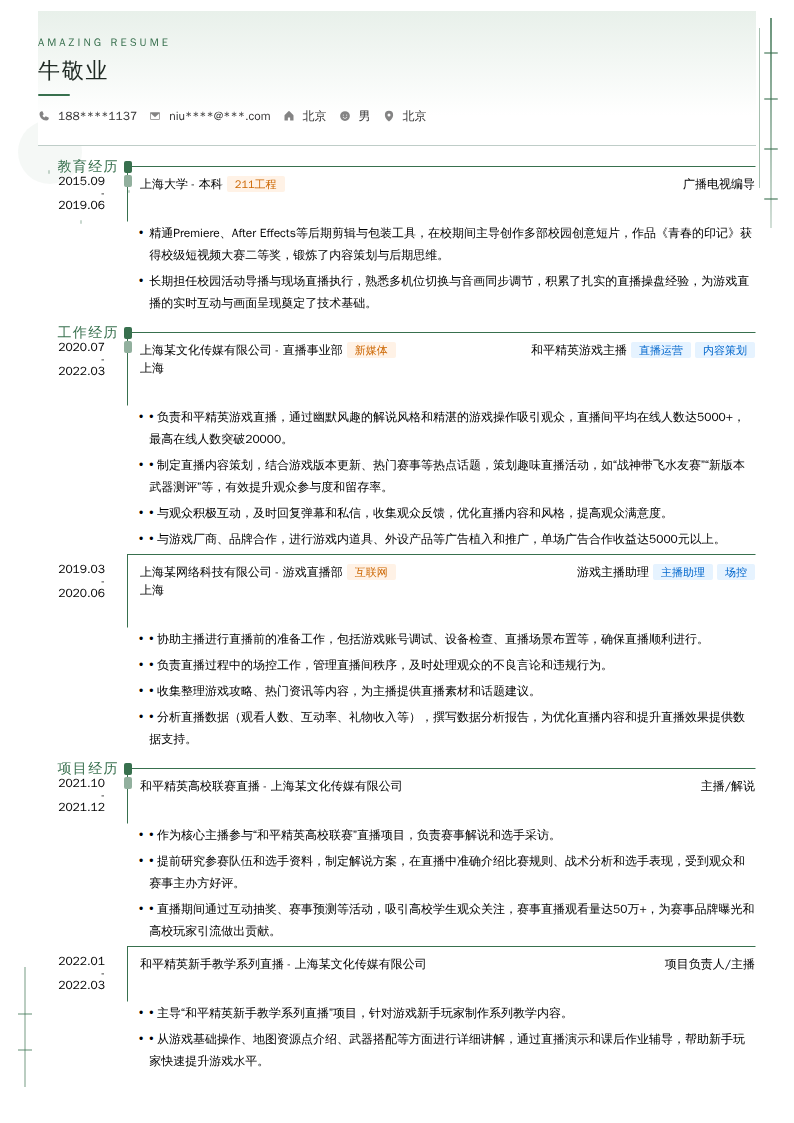 和平精英游戏主播简历模板
