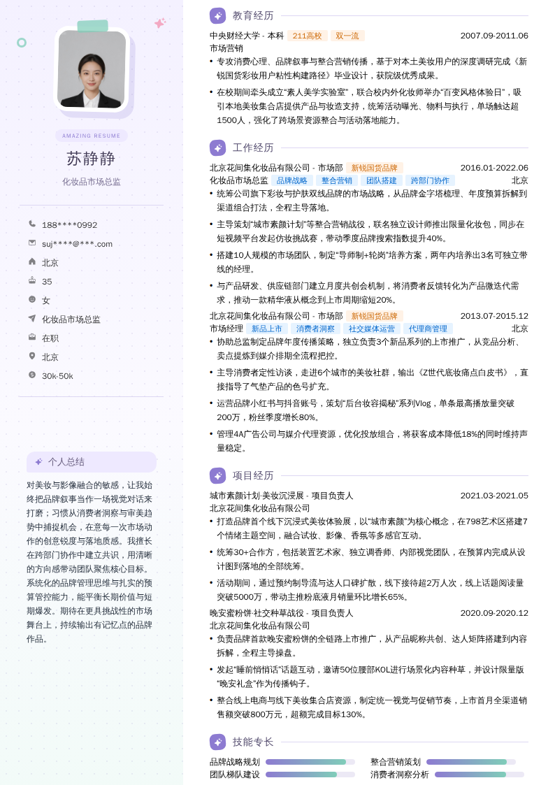 化妆品市场总监简历模板