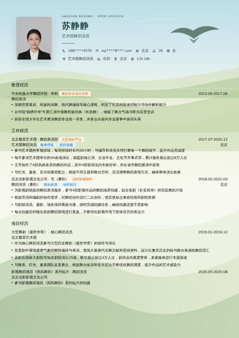 艺术团舞蹈演员简历模板
