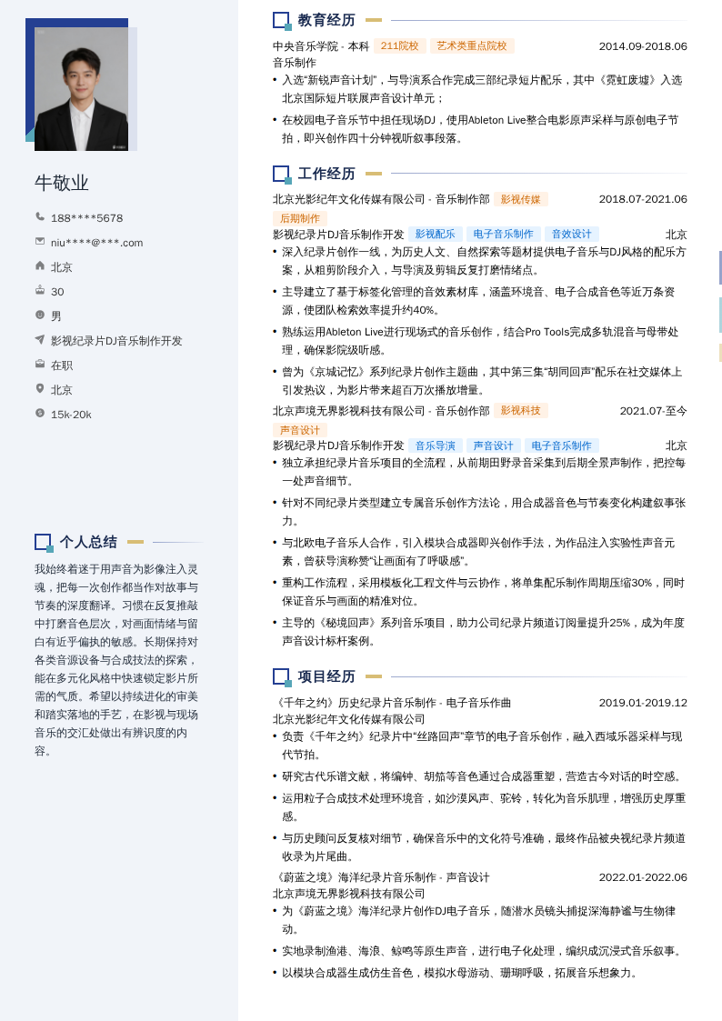 影视纪录片DJ音乐制作开发简历模板
