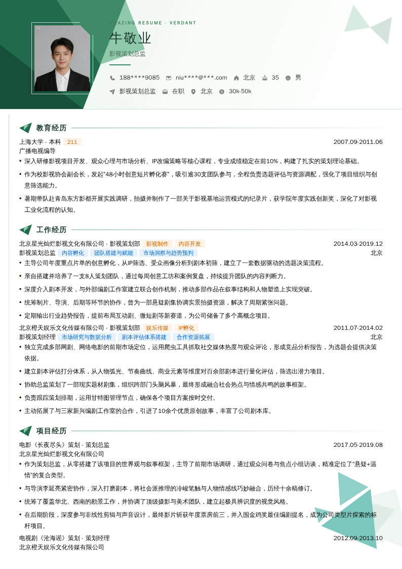 影视策划总监简历模板