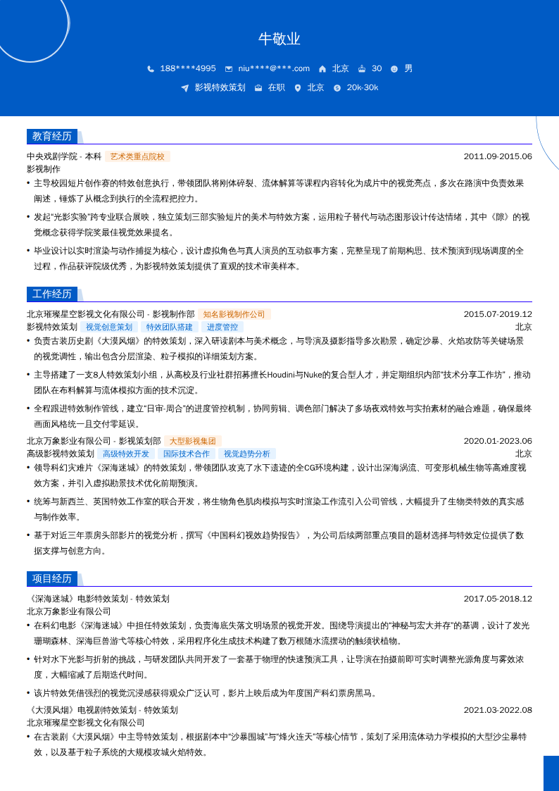 影视特效策划简历模板