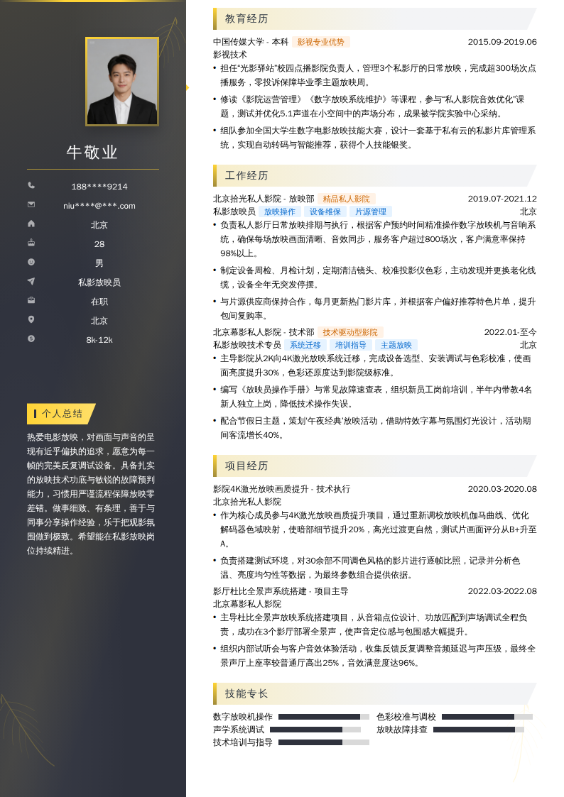 私影放映员简历模板