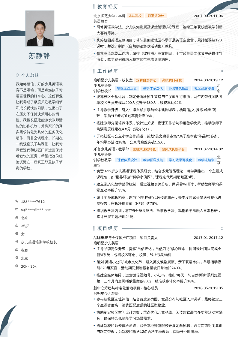 少儿英语培训学校校长简历模板