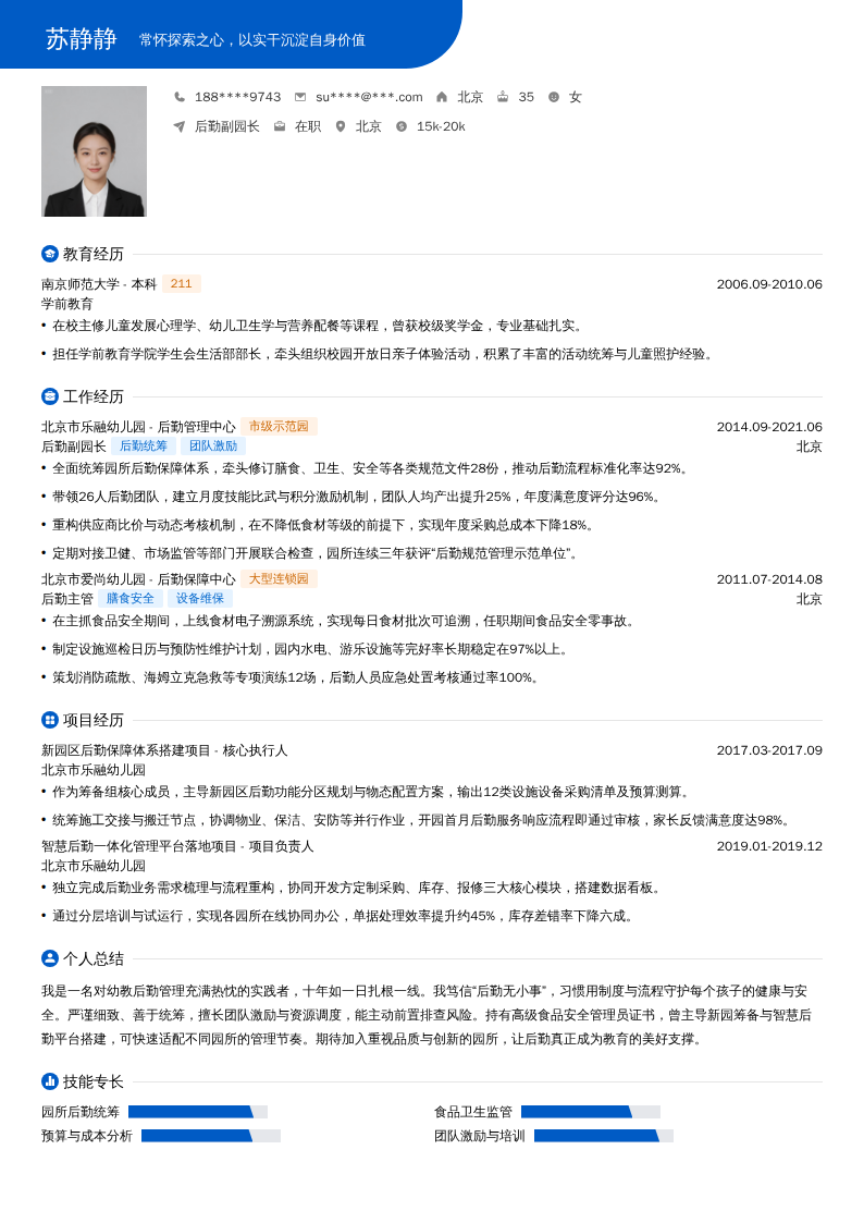 后勤副园长简历模板