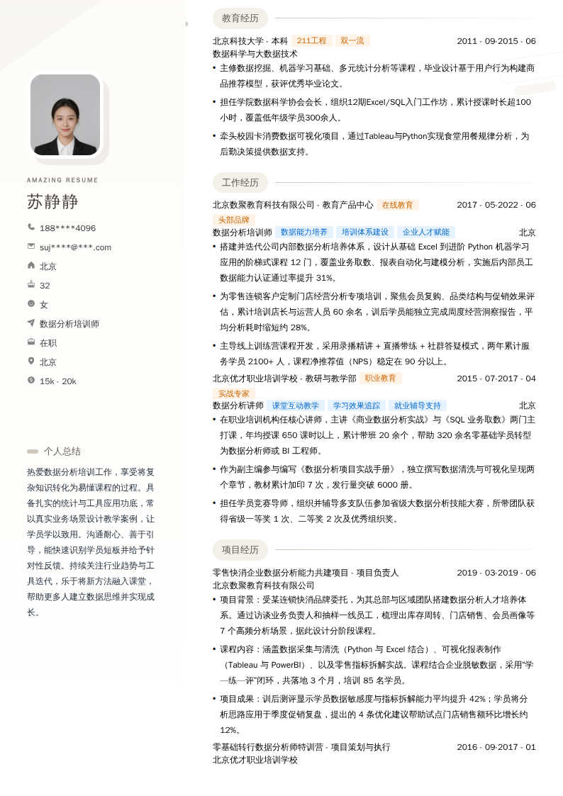 数据分析培训师简历模板