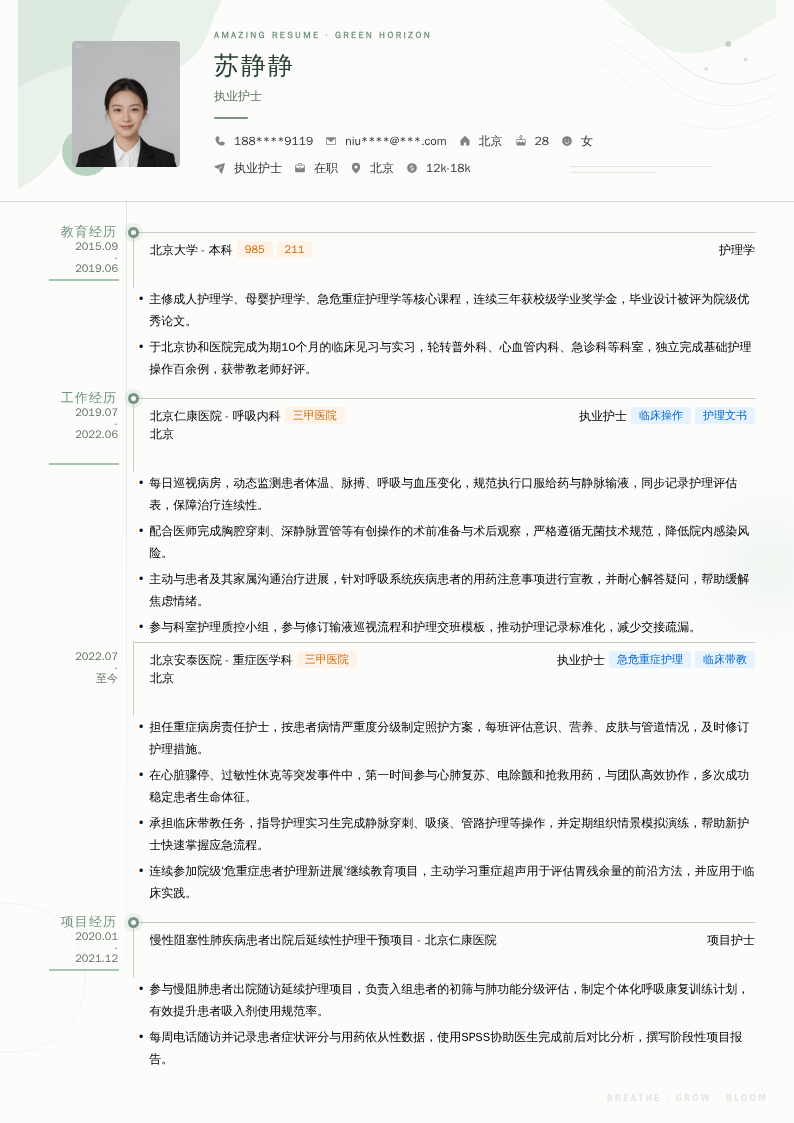 执业护士简历模板