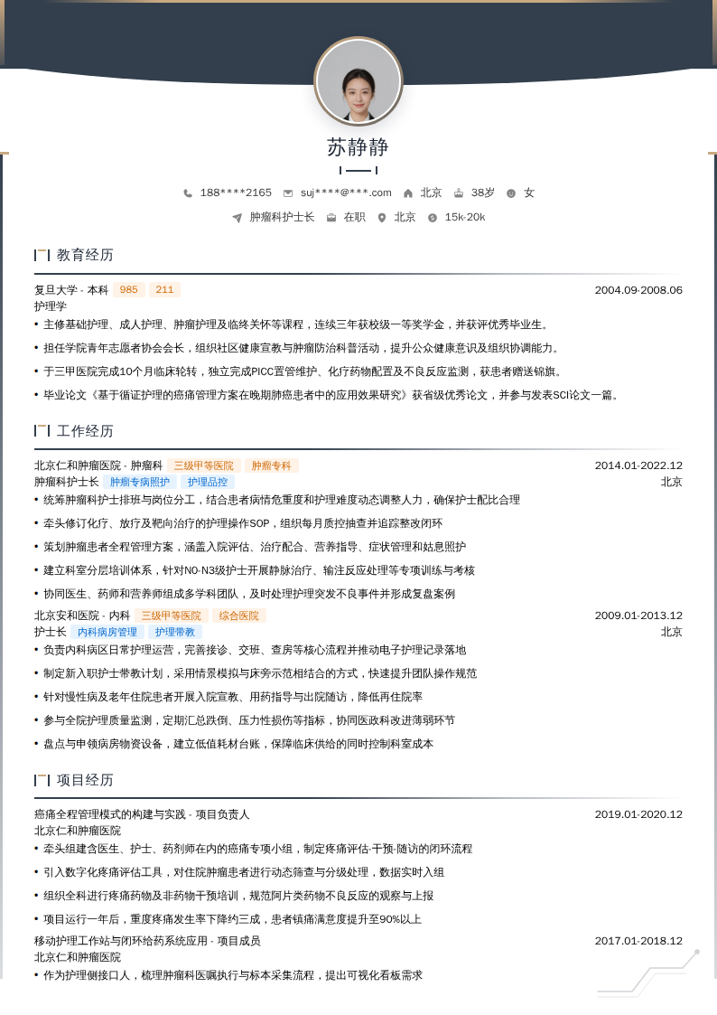 肿瘤科护士长简历模板