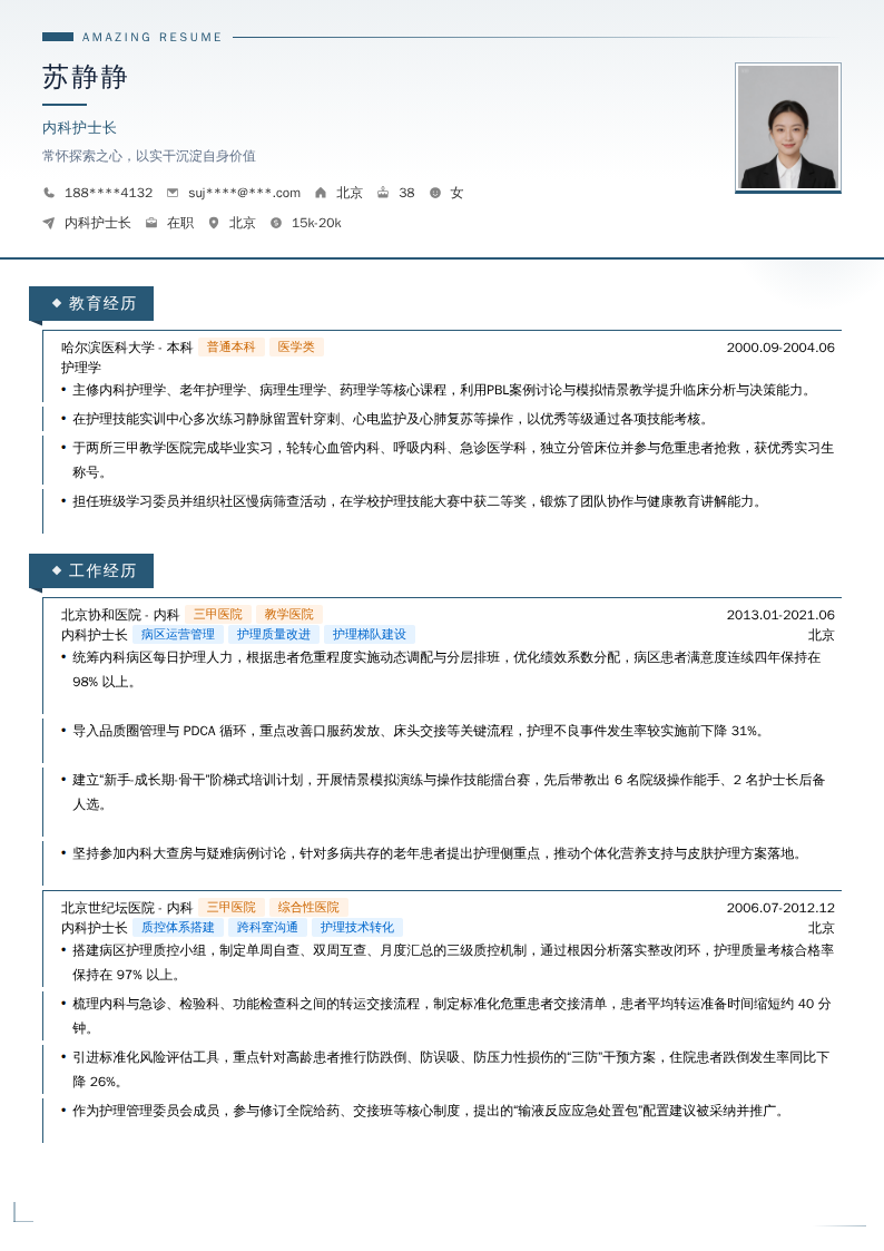 内科护士长简历模板