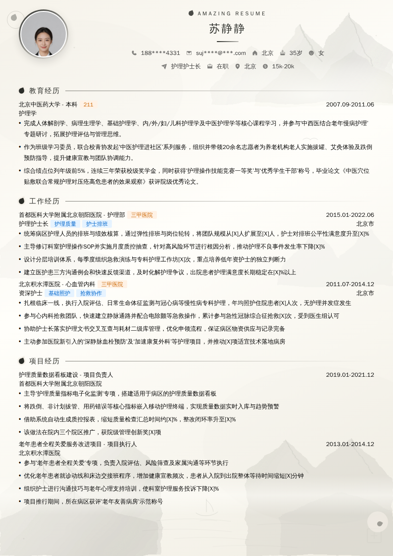 护理护士长简历模板