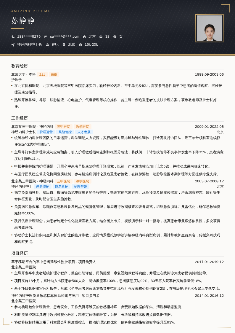神经内科护士长简历模板