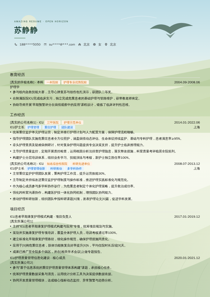 ICU护士长简历模板