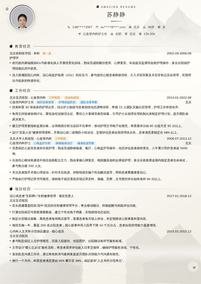 心血管内科护士长简历模板