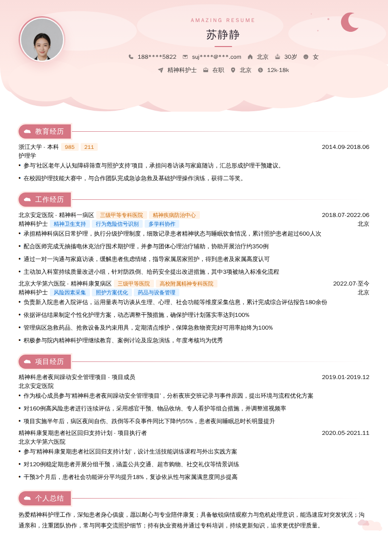 精神科护士简历模板