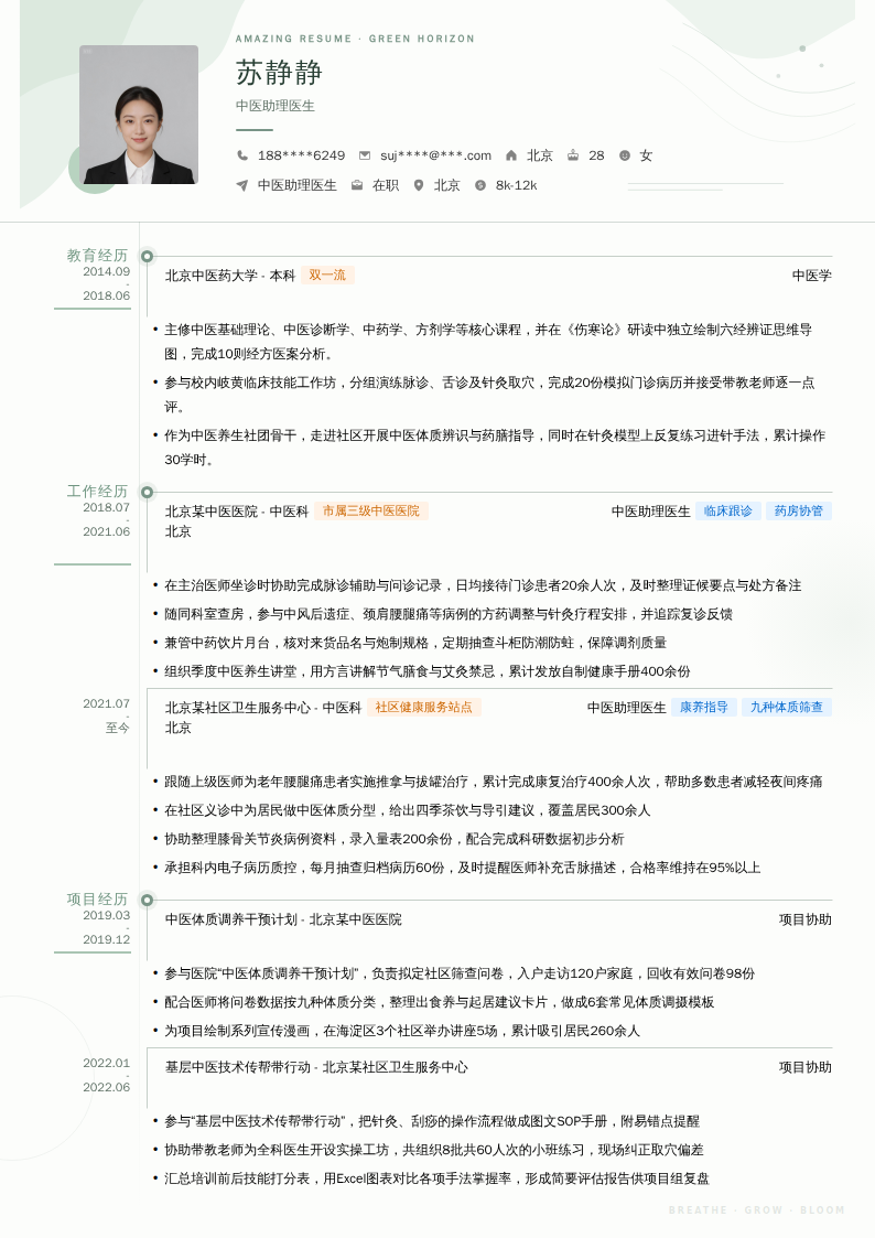 中医助理医生简历模板