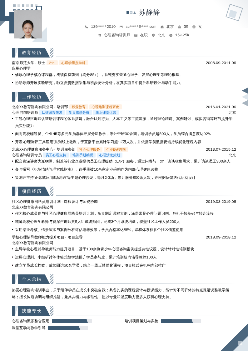 心理咨询培训师简历模板