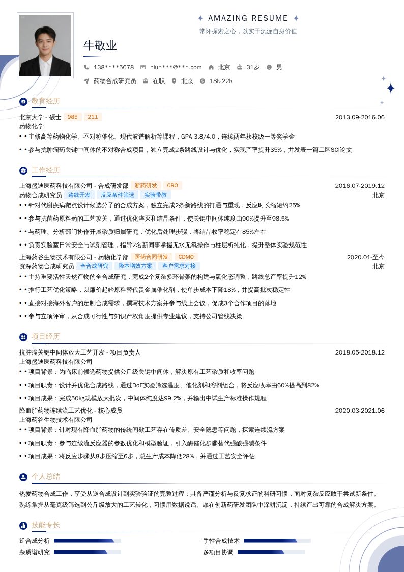 药物合成研究员简历模板
