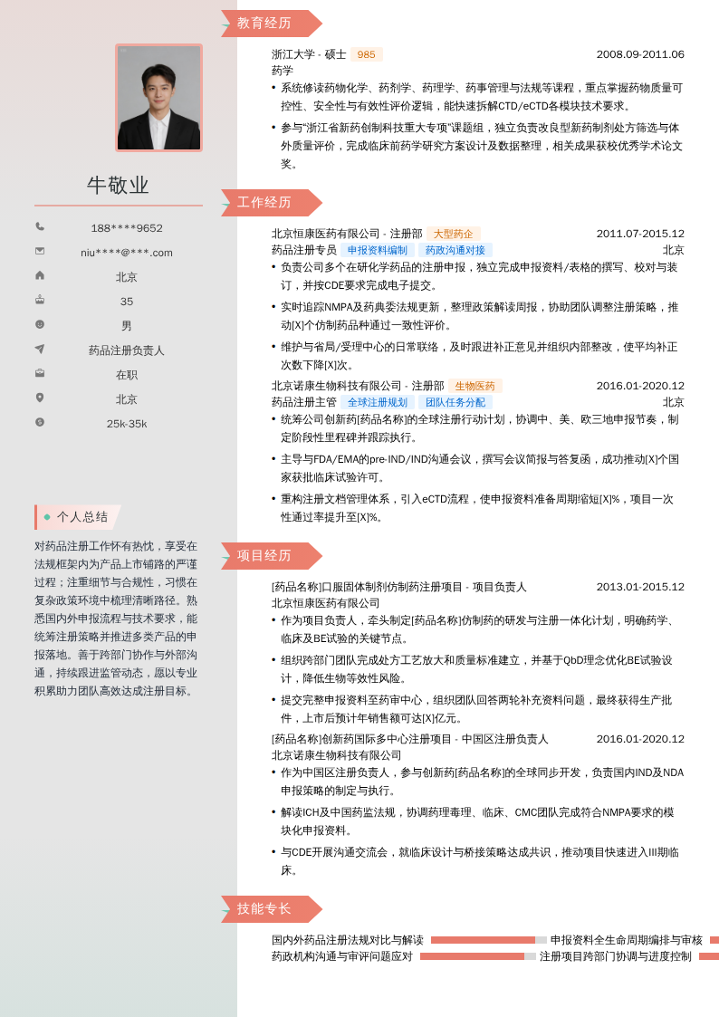 药品注册负责人简历模板