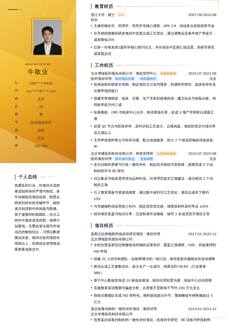 医药项目经理简历模板