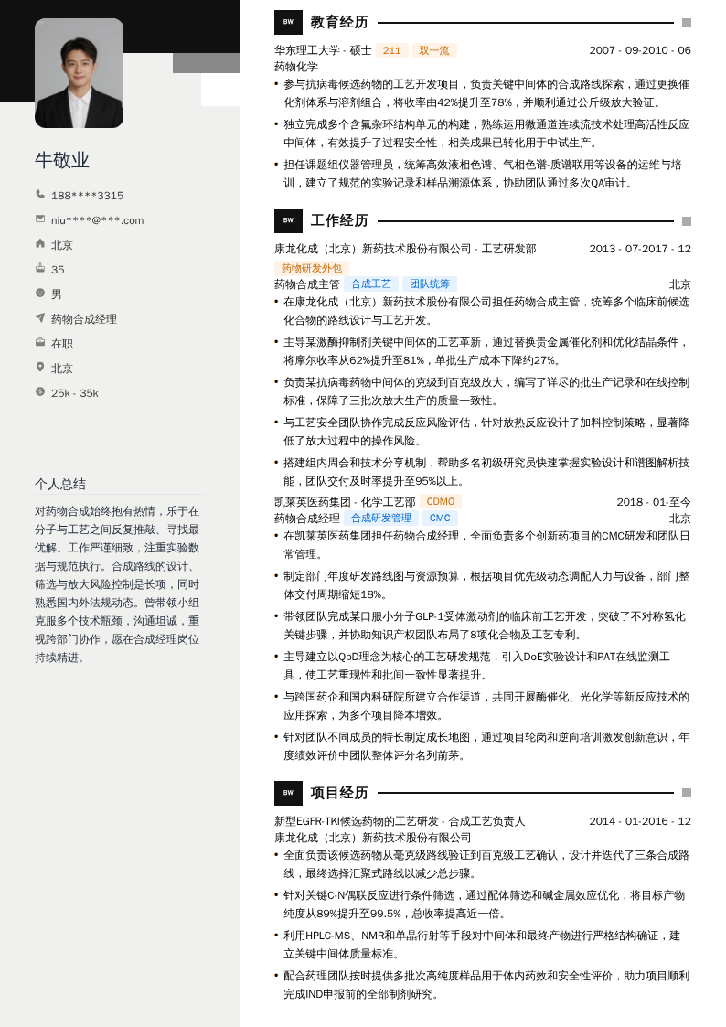 药物合成经理简历模板