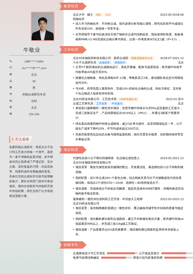 药物合成研究专员简历模板