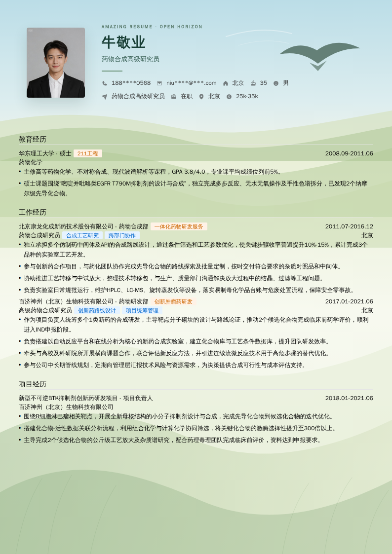 药物合成高级研究员简历模板