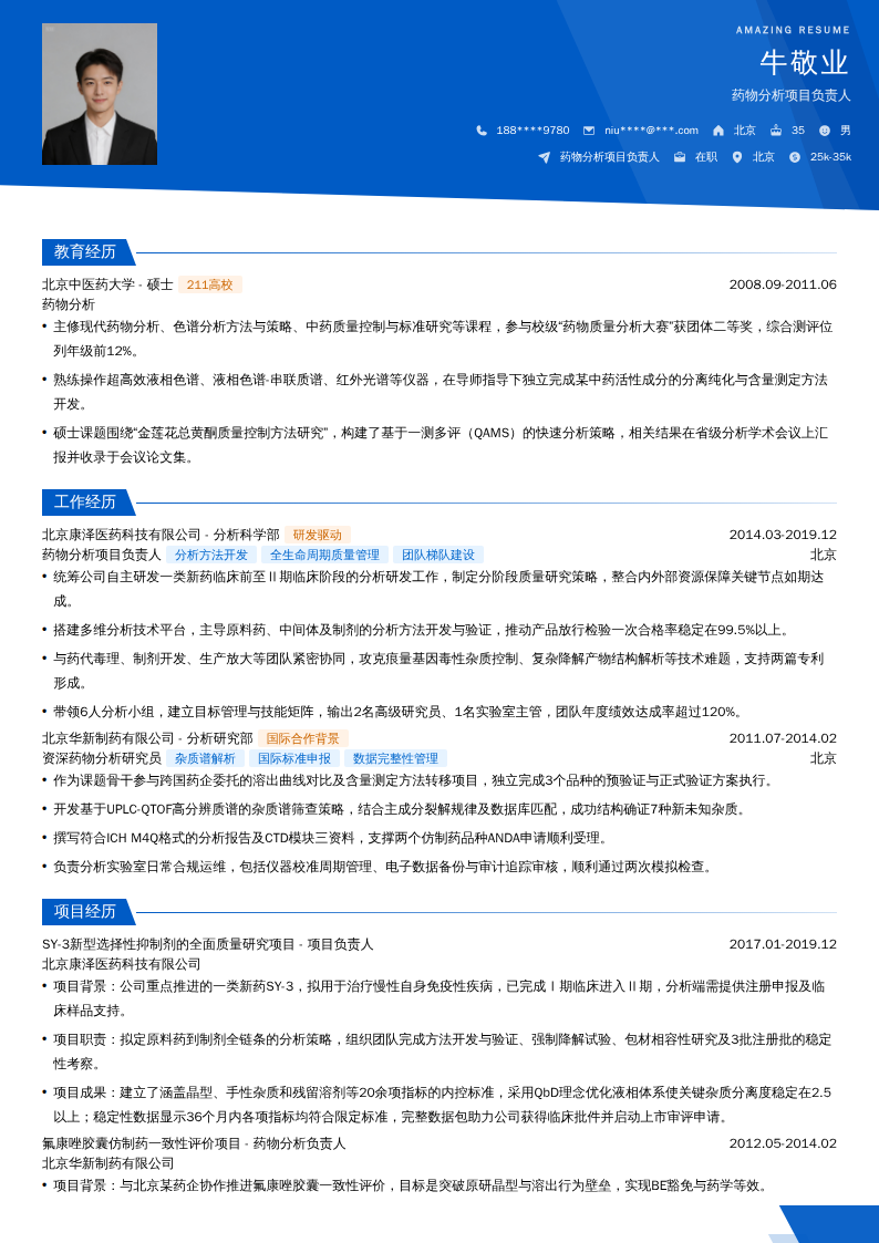 药物分析项目负责人简历模板