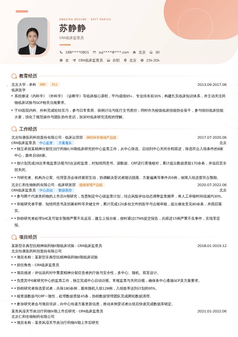 CRA临床监查员简历模板