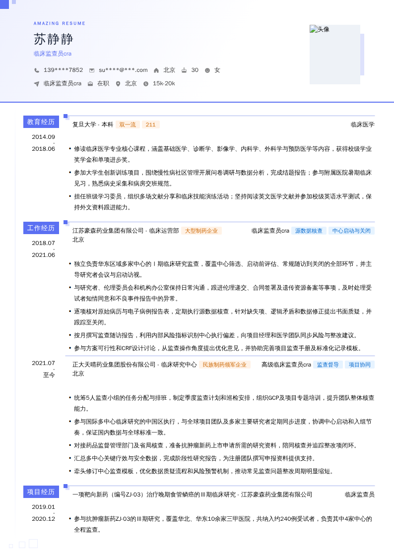 临床监查员cra简历模板