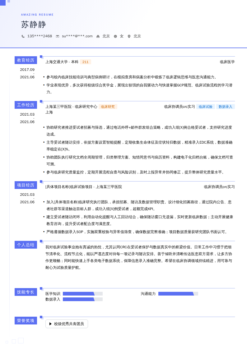 临床协调员crc实习简历模板