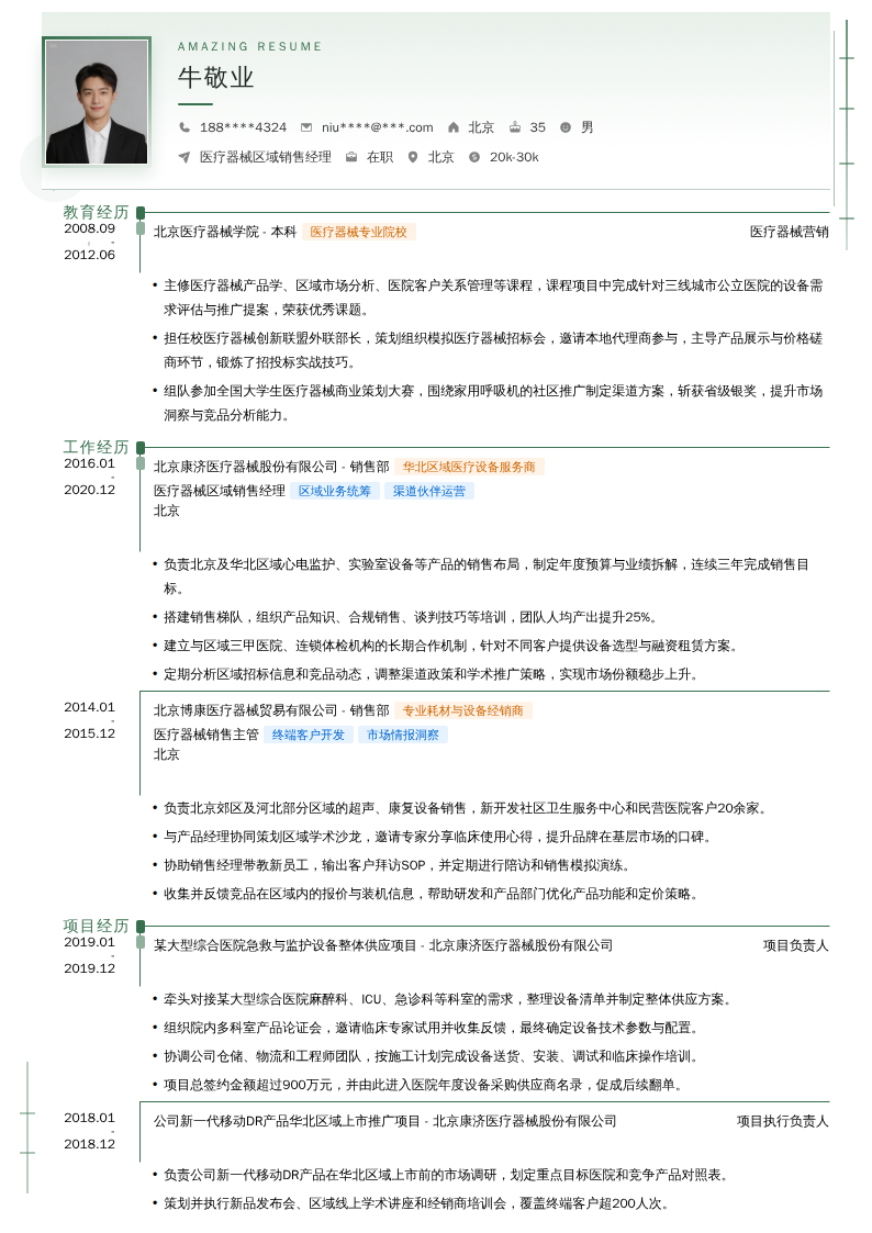 医疗器械区域销售经理简历模板